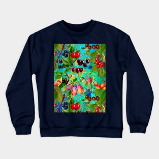 Exotic tropical floral leaves and fruits, botanical pattern, tropical plants, blue turquoise fruit pattern over a Crewneck Sweatshirt